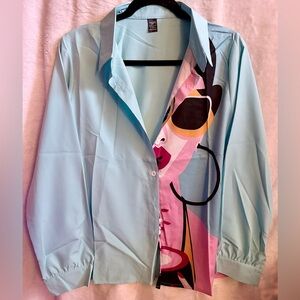 NWT Fashion Noma Chic Blue Graphic Lady Button Down Shirt Size Medium